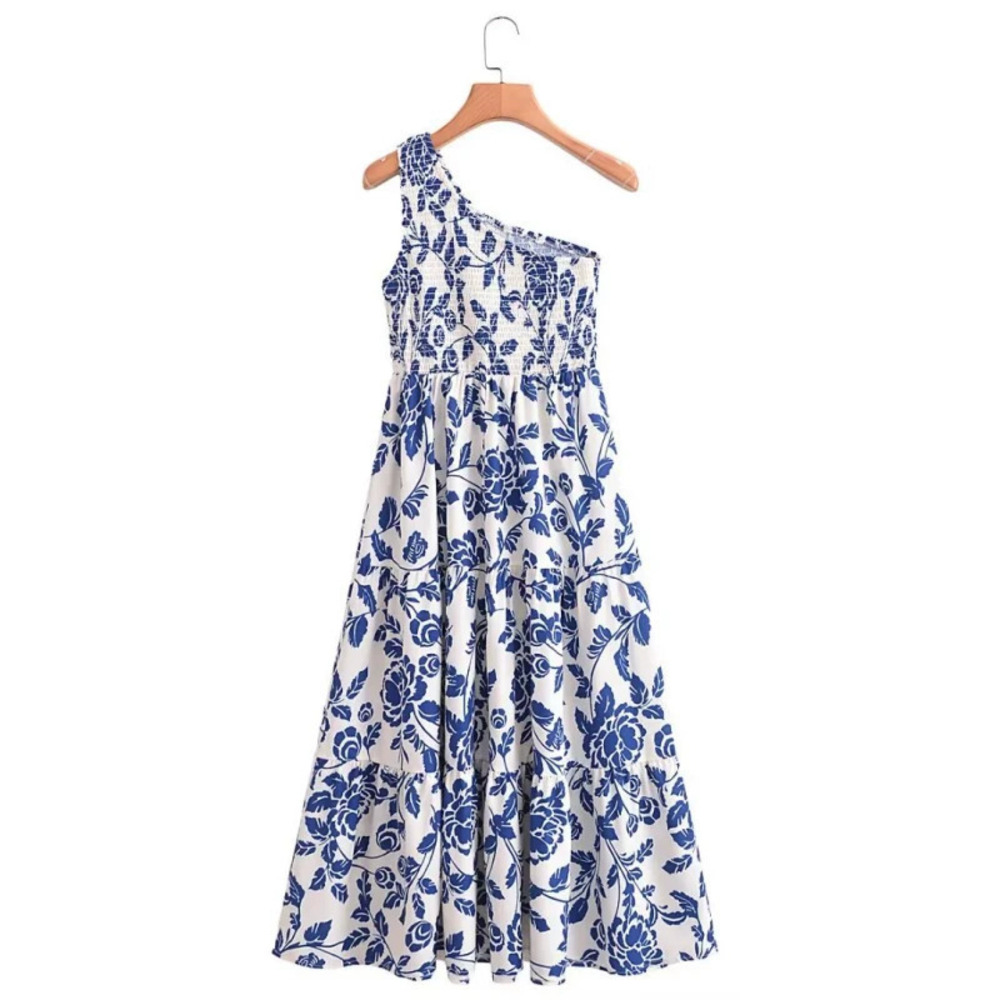 ZARA Womens Shirred Printed One Shoulder Dress